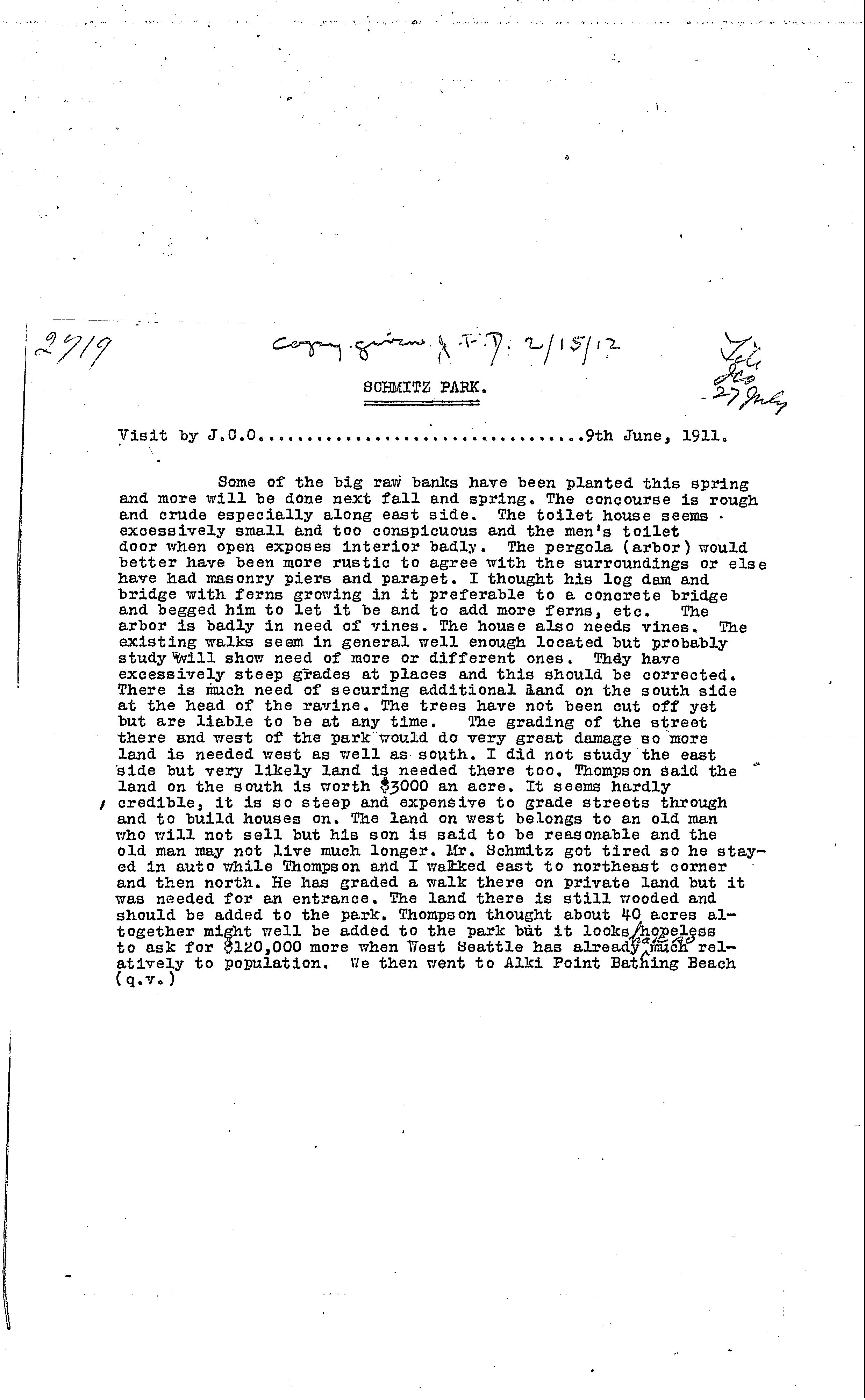 Black and white scan of a typewritten page with heading "Schmitz Park" and subheading "Visit by J.C.O. . . . 9th June, 1911."